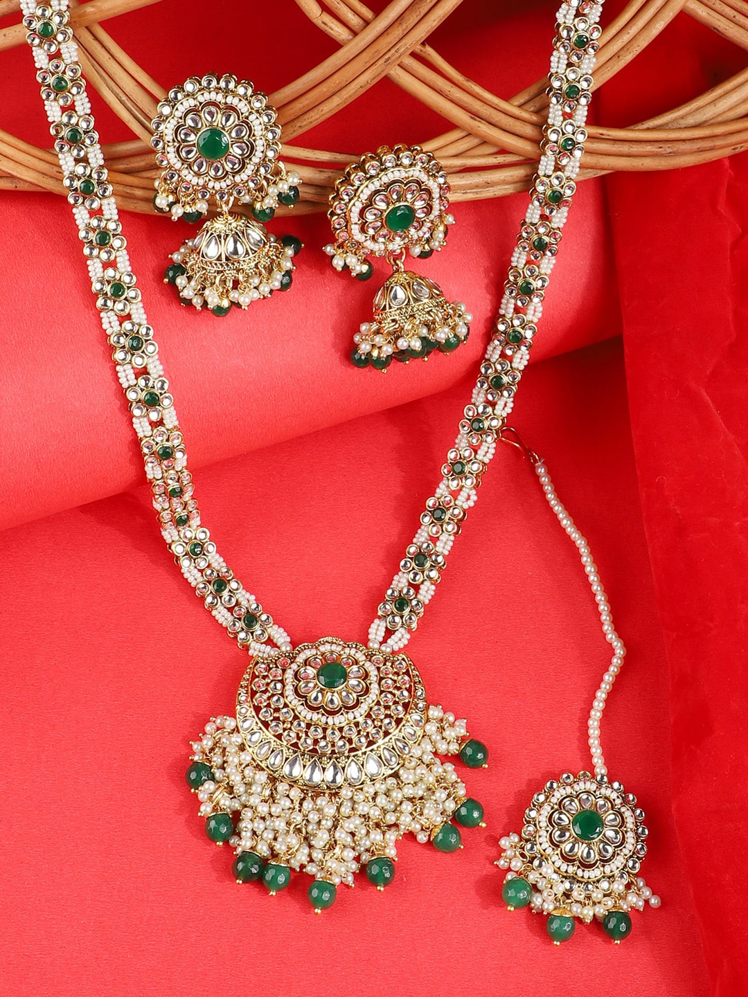 Gold Plated Kundan Necklace Green Tanjore Beads Indian Bridal Jewelry Set |  eBay