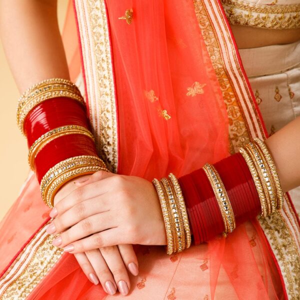 Buy Red and golden chura with studded-pearls and american diamonds