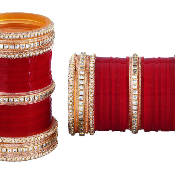 Buy Red and golden chura with studded-pearls and american diamonds