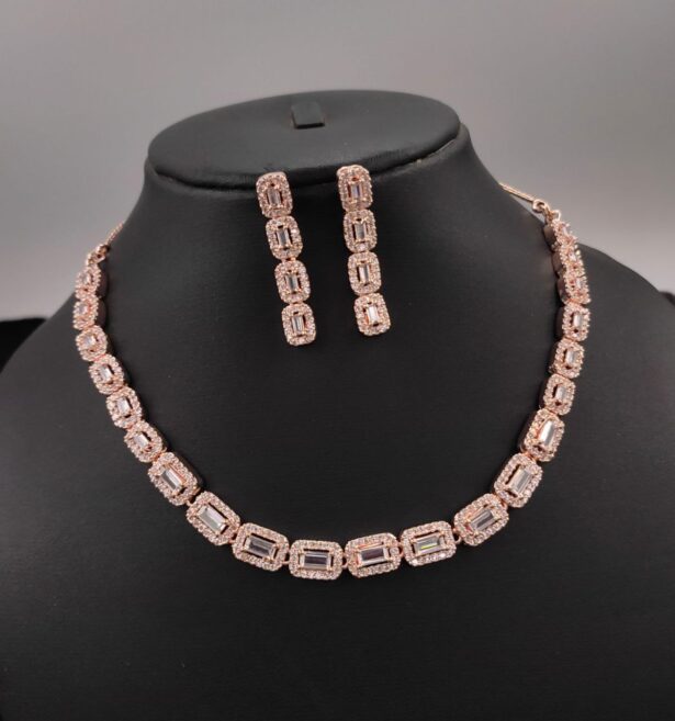 Buy Rose Gold Plated Rectangle AD Necklace